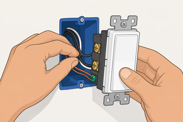 Illustration: folding wires behind a light switch before pushing it into the electrical box