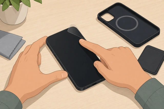 Illustration: bare phone with MagSafe wallet aside; finger pressing a lifting protector corner flat