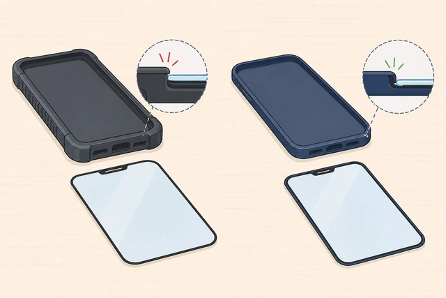 Illustration: rugged case lip vs slim case beside edge-to-edge glass and recessed case-friendly glass