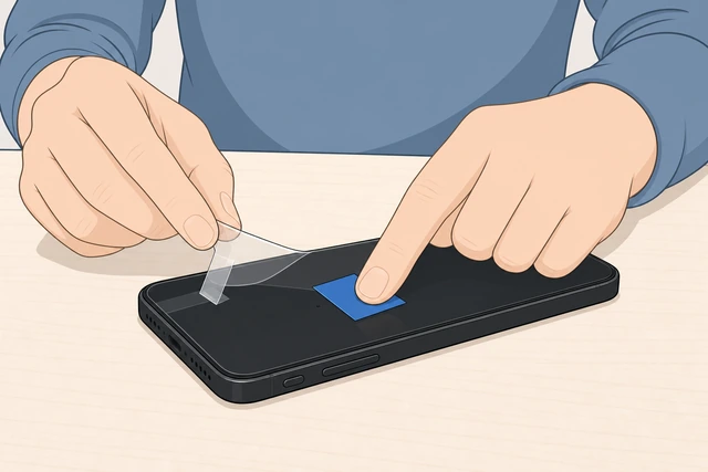 Illustration: clear tape lifting a protector edge while a dust sticker removes a speck underneath