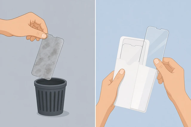 Illustration: discarding a smeared protector and opening a spare sheet from a two-pack kit
