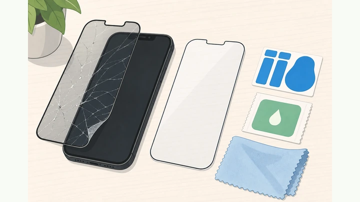 Illustration: phone with cracked old protector beside a new tempered-glass sheet, dust stickers, and cleaning kit