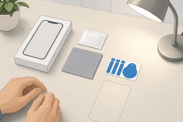 Illustration: kit box, dust stickers, microfiber, side lamp, and washed hands on a clean counter
