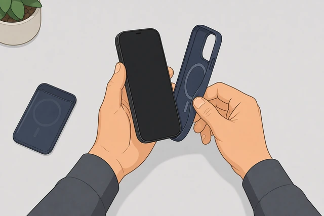 Illustration: hands removing a phone case; bare phone and MagSafe wallet set aside on a clean counter