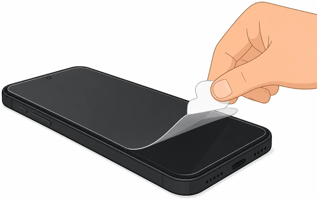 Illustration: hand peeling a labeled front install film off a newly applied protector