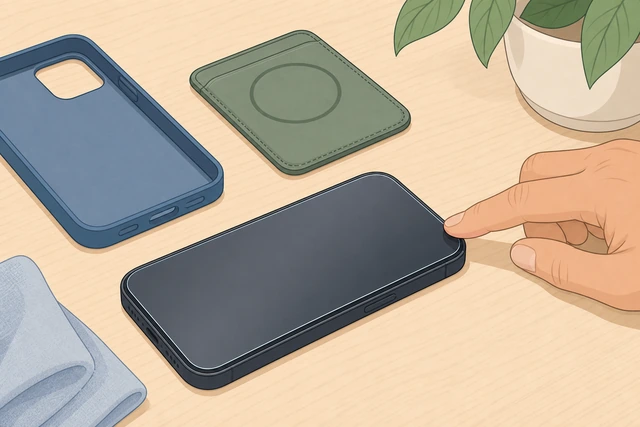 Illustration: phone lying flat bare on a desk with a timer suggestion while edges are checked