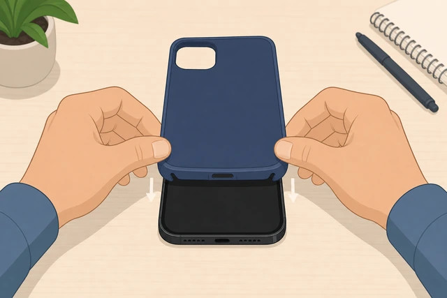 Illustration: hands snapping a phone case on carefully while watching protector corners stay flat