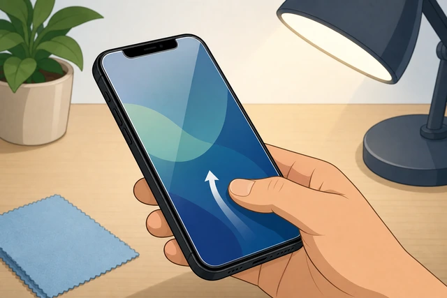 Illustration: finished phone with new protector tilted under side light; unlock swipe implied