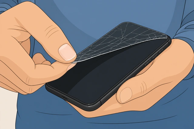 Illustration: fingernail lifting a cracked tempered-glass protector corner off a phone