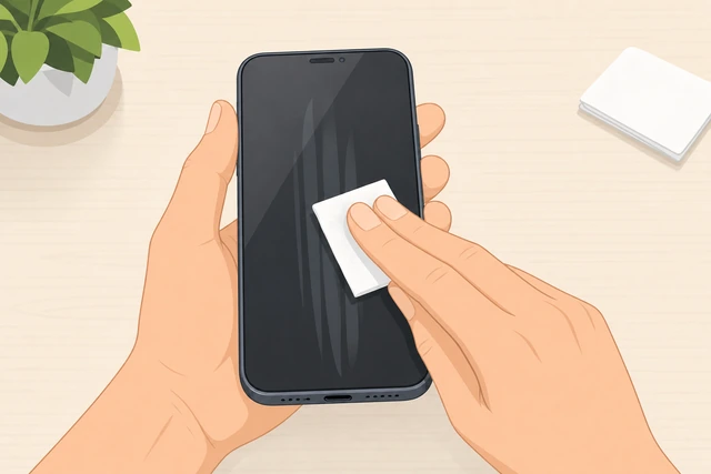 Illustration: alcohol wipe cleaning a bare phone screen in long one-direction strokes