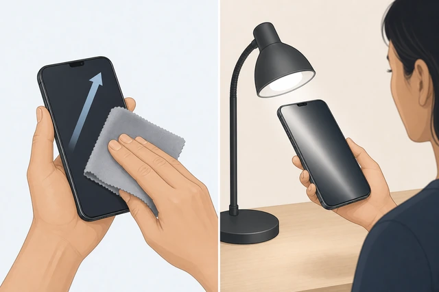 Illustration: microfiber buffing a phone while a desk lamp provides side light across the glass