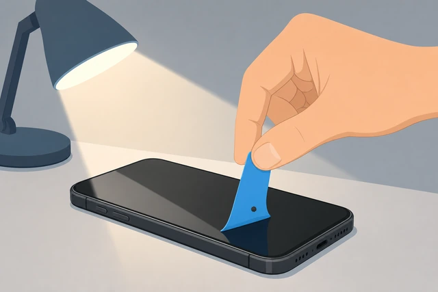 Illustration: dust-removal sticker lifting a speck off a phone screen under raking side light