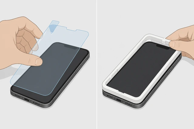 Illustration: left dry-fit with liner on; right alignment frame snapped on phone or tape hinge on one edge