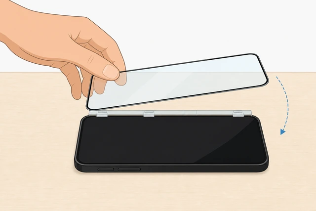 Illustration: hinged tempered glass swinging down onto a phone screen without sliding