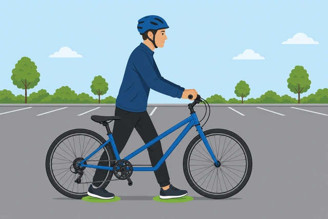 Adult walking astride a bicycle with seat lowered and both feet on ground
