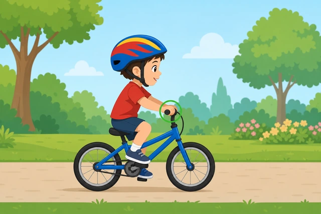 Child riding bicycle without training wheels while parent watches nearby