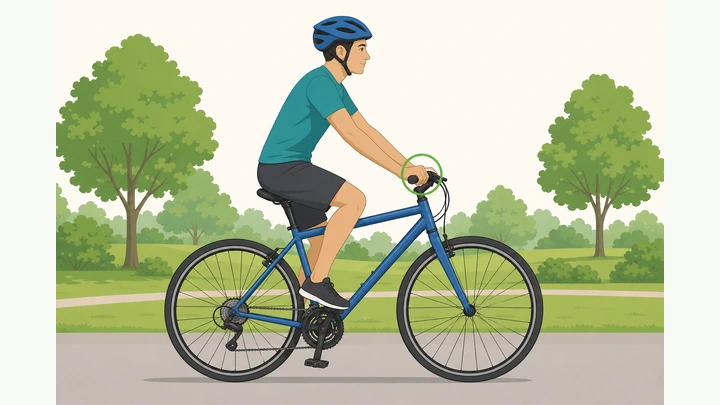 Person wearing a helmet riding a bicycle on a flat paved path