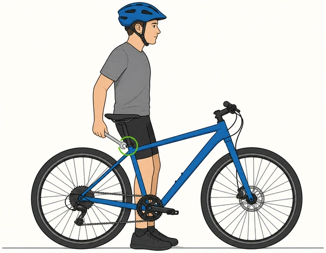 Hand adjusting bicycle seat height while rider sits with feet flat