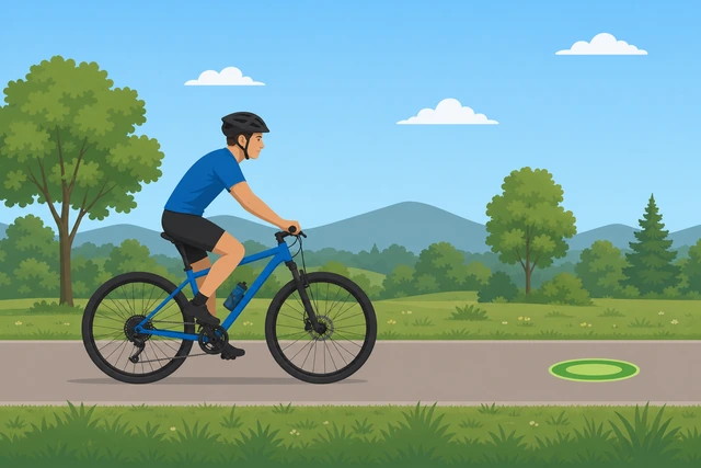 Cyclist looking forward down the path while steering gently