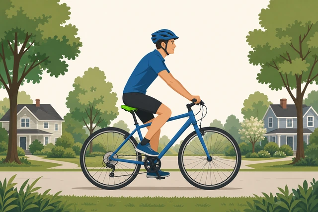 Cyclist riding confidently along a quiet neighborhood path