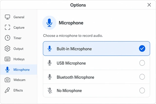 Illustration: Screenshot Options menu with Built-in Microphone selected and checkmark visible