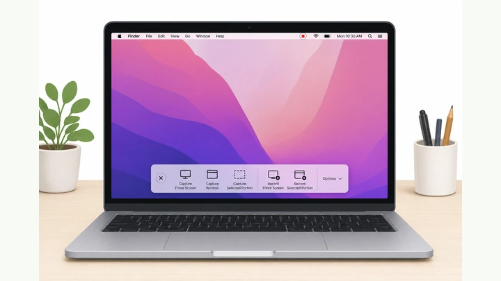 Illustration: MacBook on desk with Screenshot recording toolbar at bottom of screen and menu bar stop icon visible