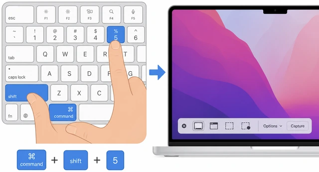 Illustration: Mac keyboard with Cmd Shift and 5 keys highlighted and floating Screenshot toolbar at screen bottom