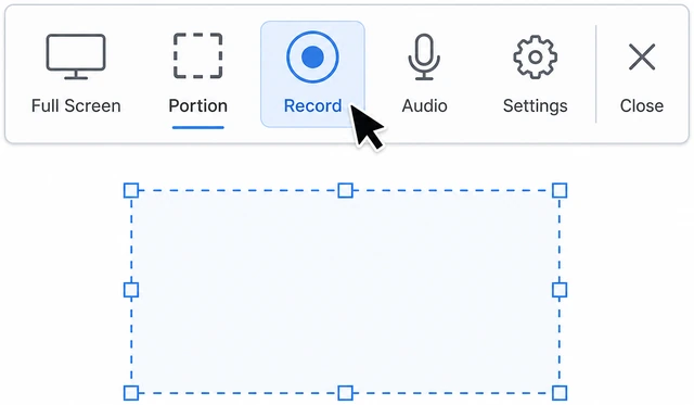 Illustration: cursor clicking the Record button on Screenshot toolbar with countdown on screen edge