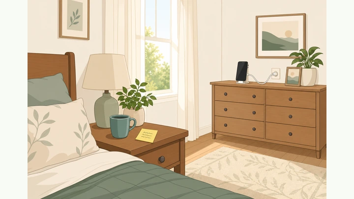 Illustration: sunny bedroom morning with a short sticky routine list, mug, and phone charging across the room