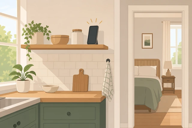Illustration: phone left on a kitchen shelf away from the bedroom