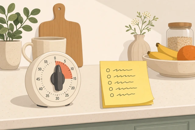 Illustration: kitchen timer running beside morning sticky list