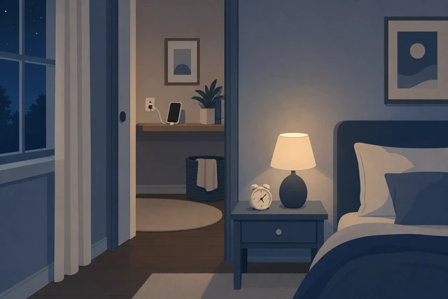 Illustration: phone charging in another room with a small bedside alarm clock