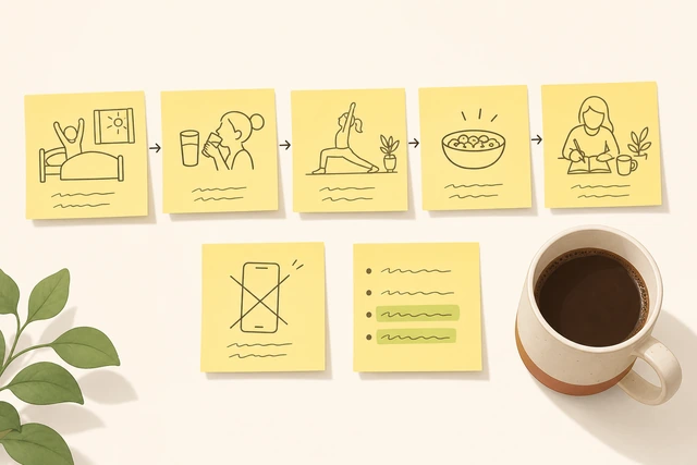 Illustration: sticky notes for a short morning sequence, a minimum line, and a phone rule beside a mug