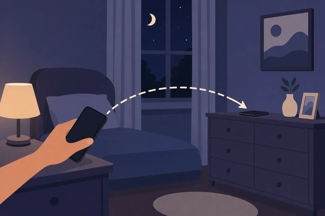 Illustration: moving phone alarm from nightstand to dresser across the bedroom