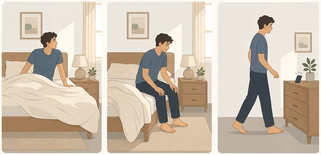Illustration: person sitting up then standing before touching the phone alarm