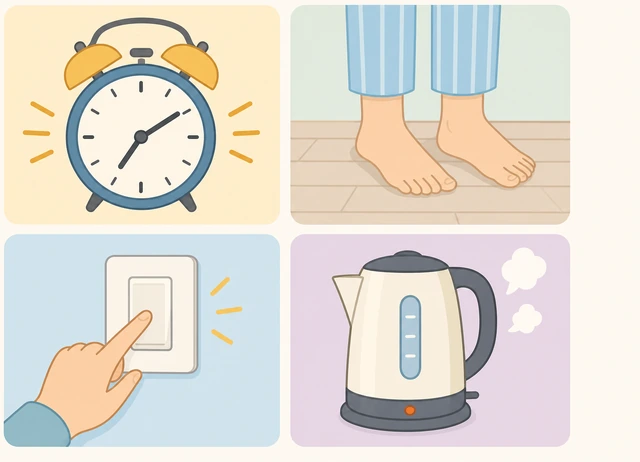 Illustration: labeled options for morning anchors — alarm off, feet on floor, bathroom light, kettle
