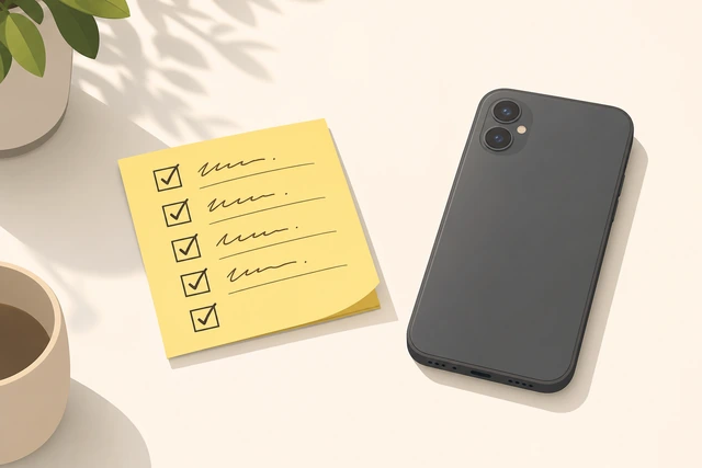 Illustration: phone staying face-down until morning sticky checklist is complete