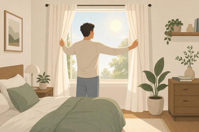 Illustration: opening curtains or placing house shoes by the door as a day-start marker