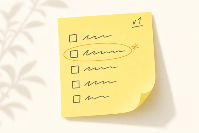 Illustration: morning sticky labeled v1 with a single item circled for a possible change