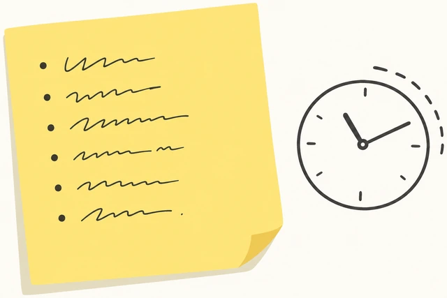 Illustration: sticky note with a 15-minute time box written beside the morning list