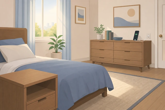 Illustration: phone alarm charging on a dresser across the bedroom from the bed