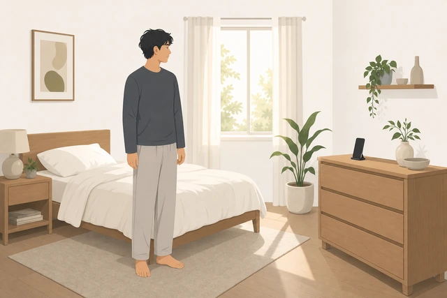 Illustration: person standing beside bed with feet on floor phone still locked on dresser