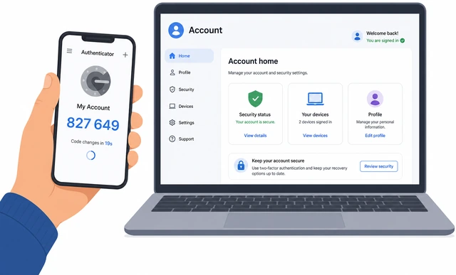 Illustration: successful Google sign-in with authenticator code while phone is in hand
