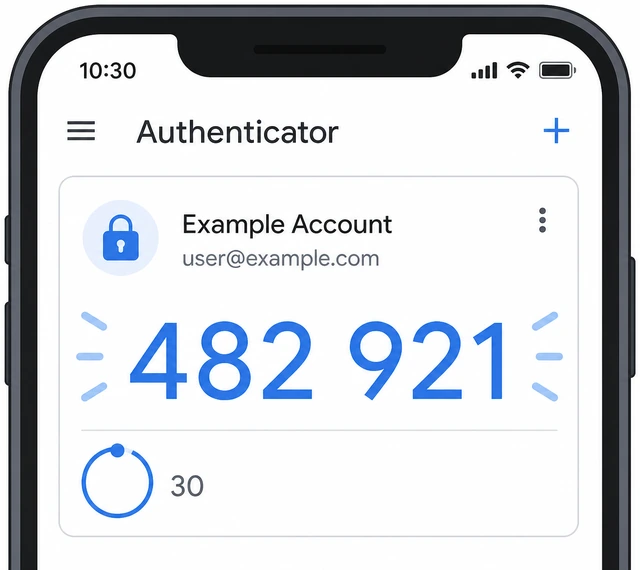 Illustration: authenticator timer near end then new six-digit code with typed field