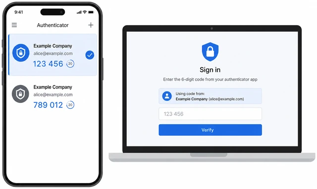 Illustration: authenticator list with two Google rows and the matching email highlighted