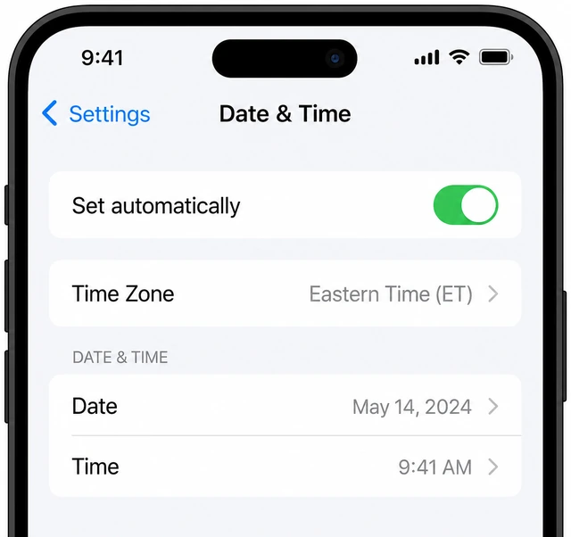 Illustration: phone Date and Time settings with Set automatically turned on