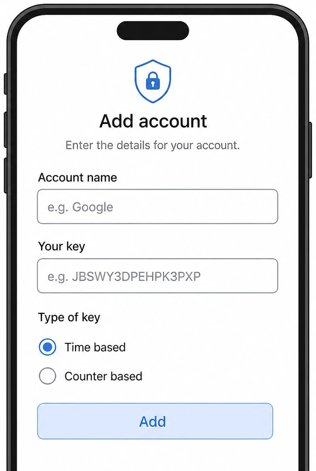 Illustration: authenticator manual entry fields for account name and secret key time-based