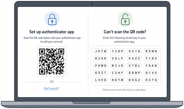 Illustration: Google setup screen with Can't scan it link opening a long secret key