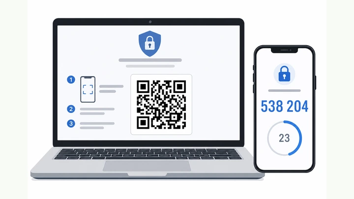 Illustration: phone showing six-digit authenticator code beside a laptop Google security screen with a QR code
