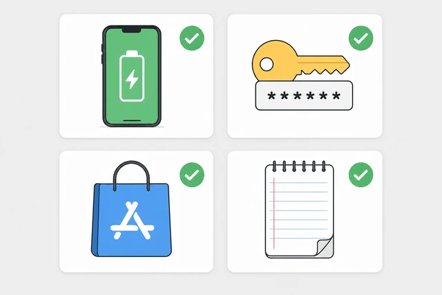 Illustration: checklist with charged phone, Google password, app store, and paper for backup codes